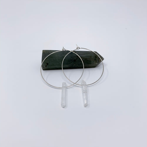 Clear Quartz Statement Hoops - Silver